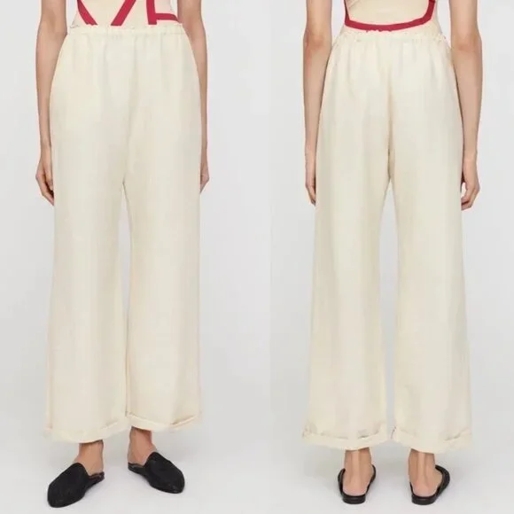 TOTEME Stretch Linen Wide-Leg Slacks Trousers in Cava Beige Size EU 34 US 2